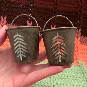 Set of 2 Tea Light Small Candle Bucket Containers with Leaf Cutouts